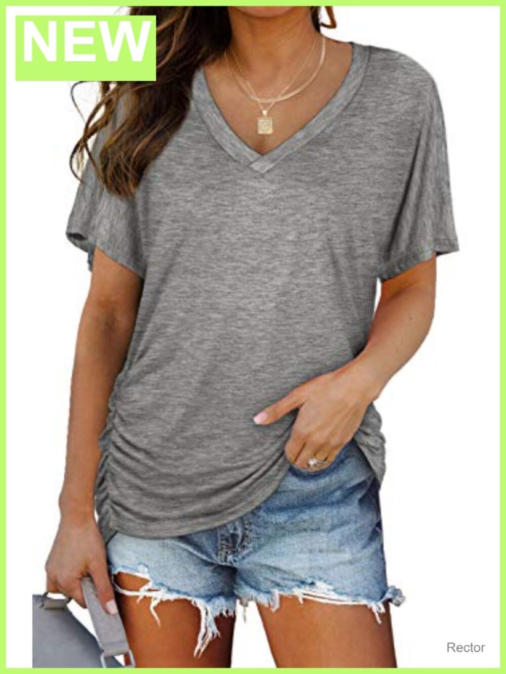 Womens Summer T-Shirt Short Sleeve V Neck Dolman Top Loose Fit Casual Shirring